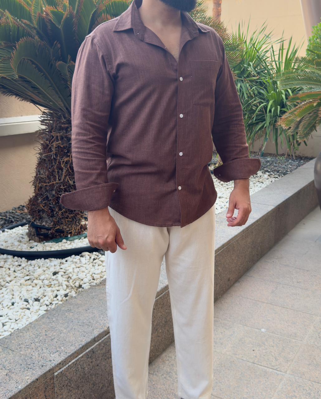 ( Linen ) brown tshirt long sleeve & beige pants