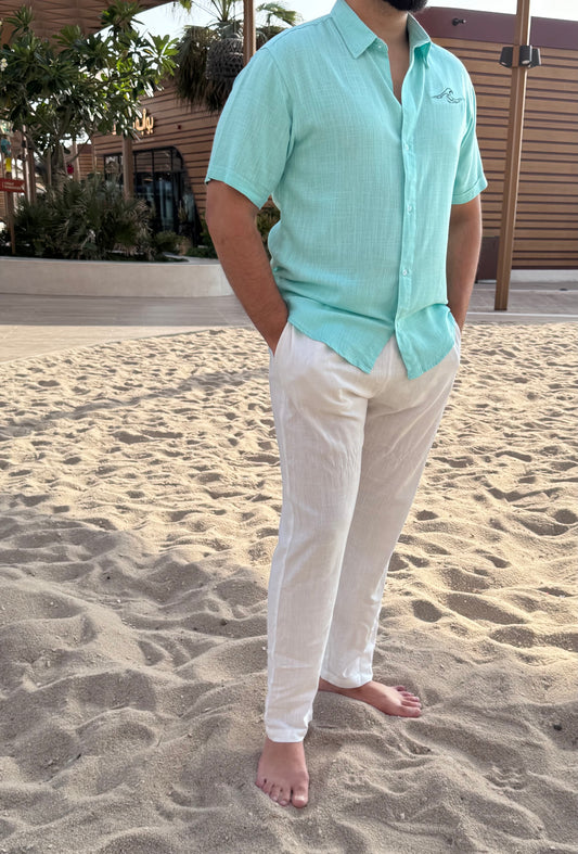 Linen aqua tshirt short sleeve & white pants