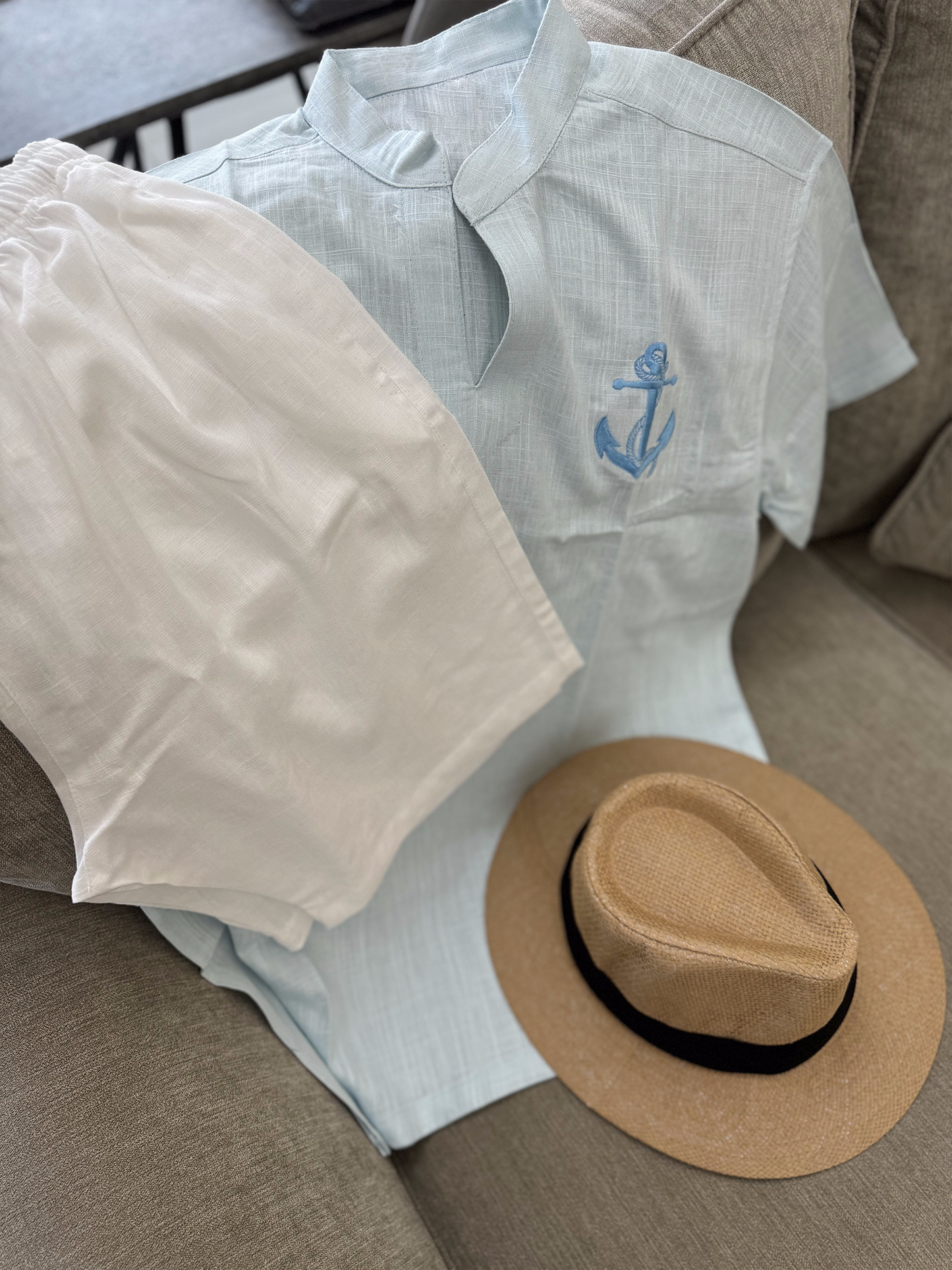 Linen sky blue tshirt & white short