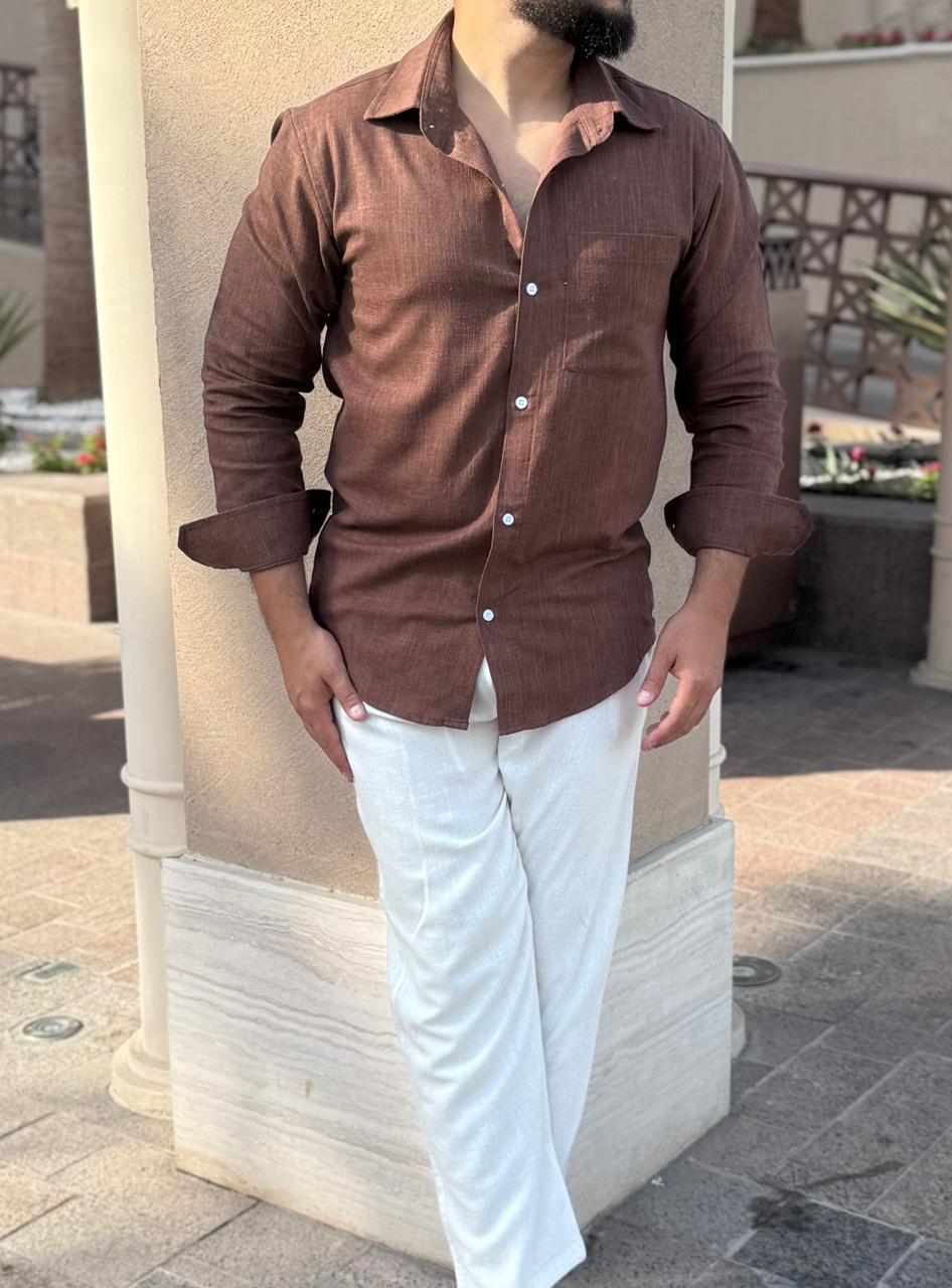 ( Linen ) brown tshirt long sleeve & beige pants