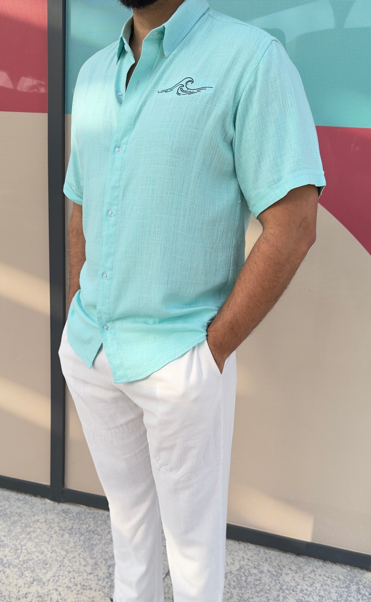 Linen aqua tshirt short sleeve & white pants