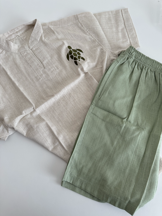 Linen beige tshirt short sleeve & light green short