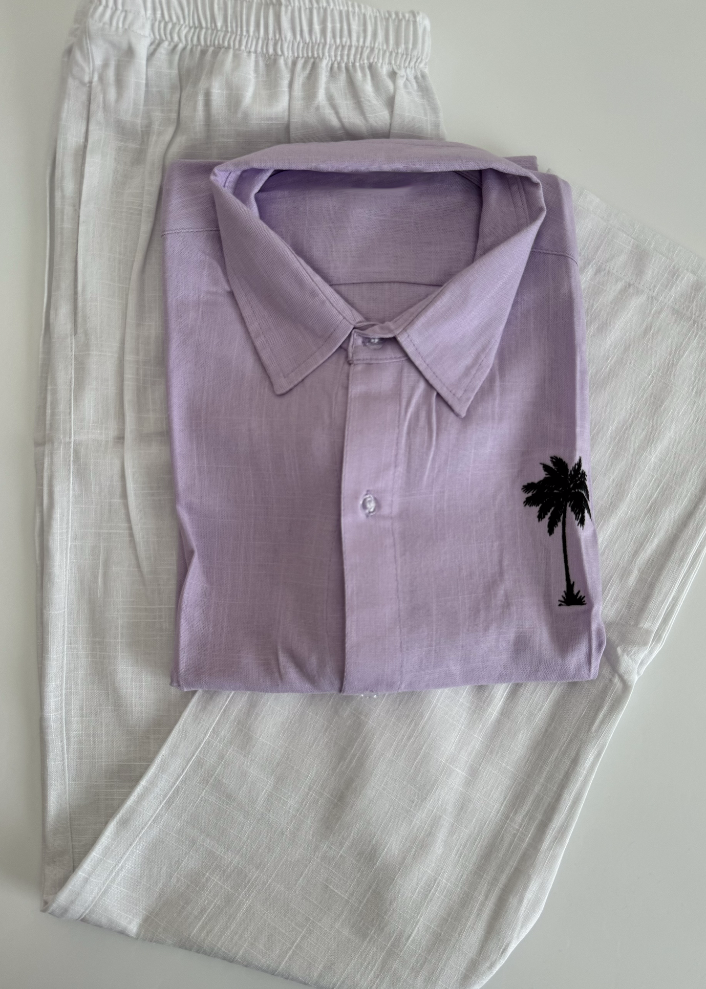 Linen purple tshirt long sleeve & white pants