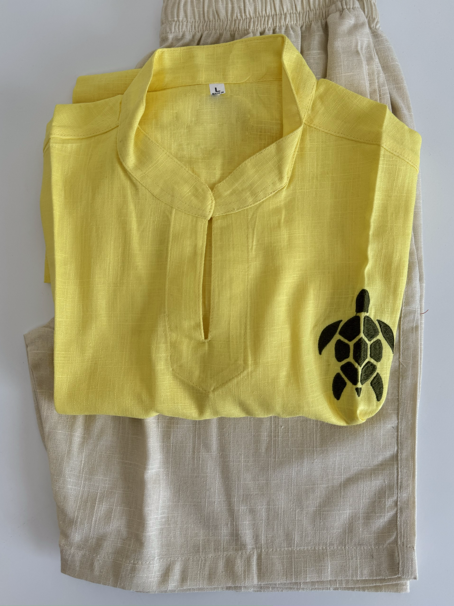 Linen yellow tshirt short sleeve & beige short