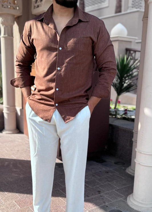 ( Linen ) brown tshirt long sleeve & beige pants